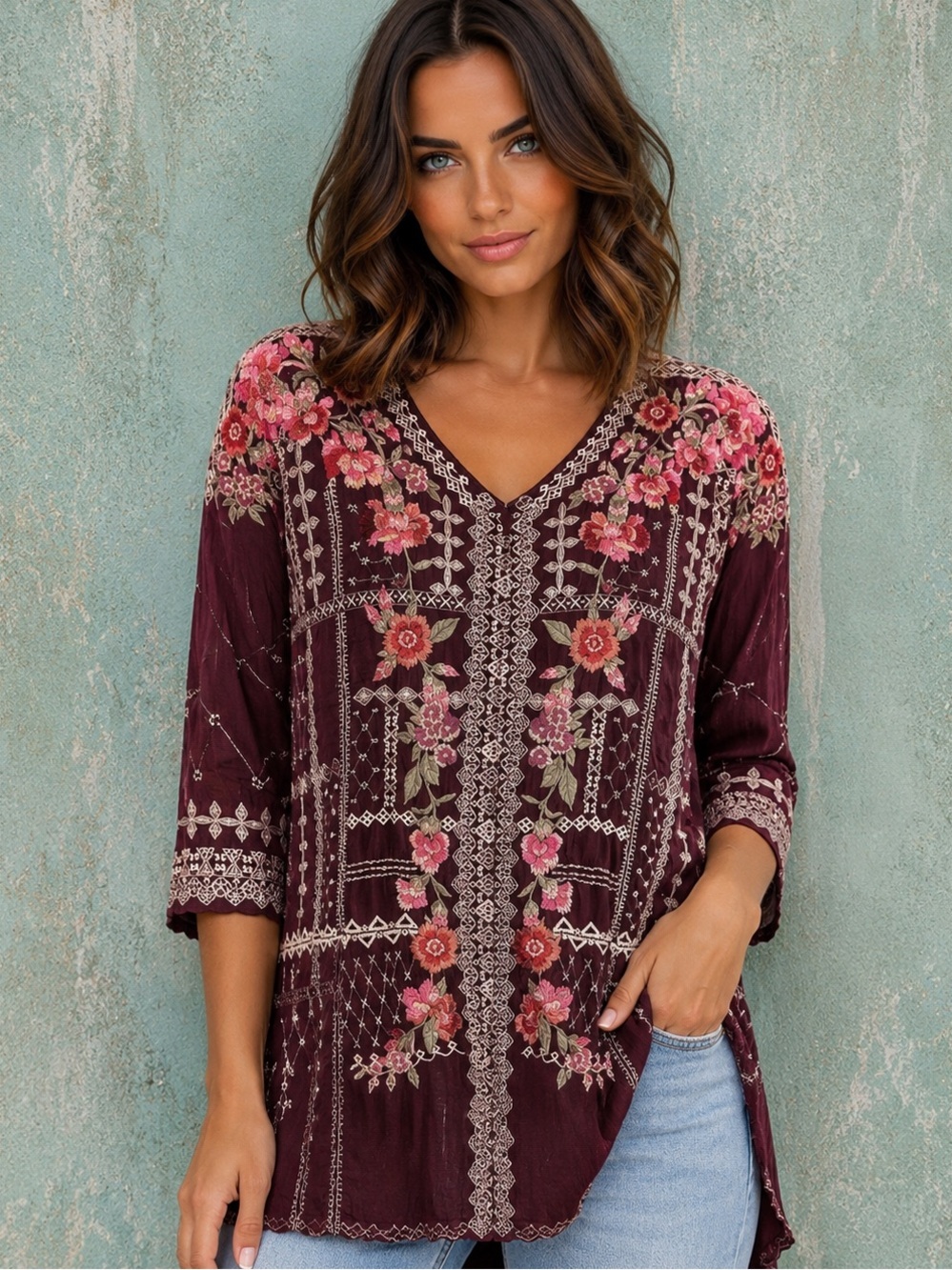 Johnny Was Petite Carnation Heavily Embroidered Georgette Blouse NWT